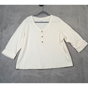 J Jill Women's 2X Button Up 3/4 Cuffed Sleeve Top Cream Textured V Neck Blouse